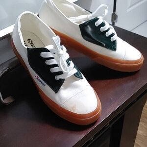 Superga White and Green Sneakers Classic Canvas Style